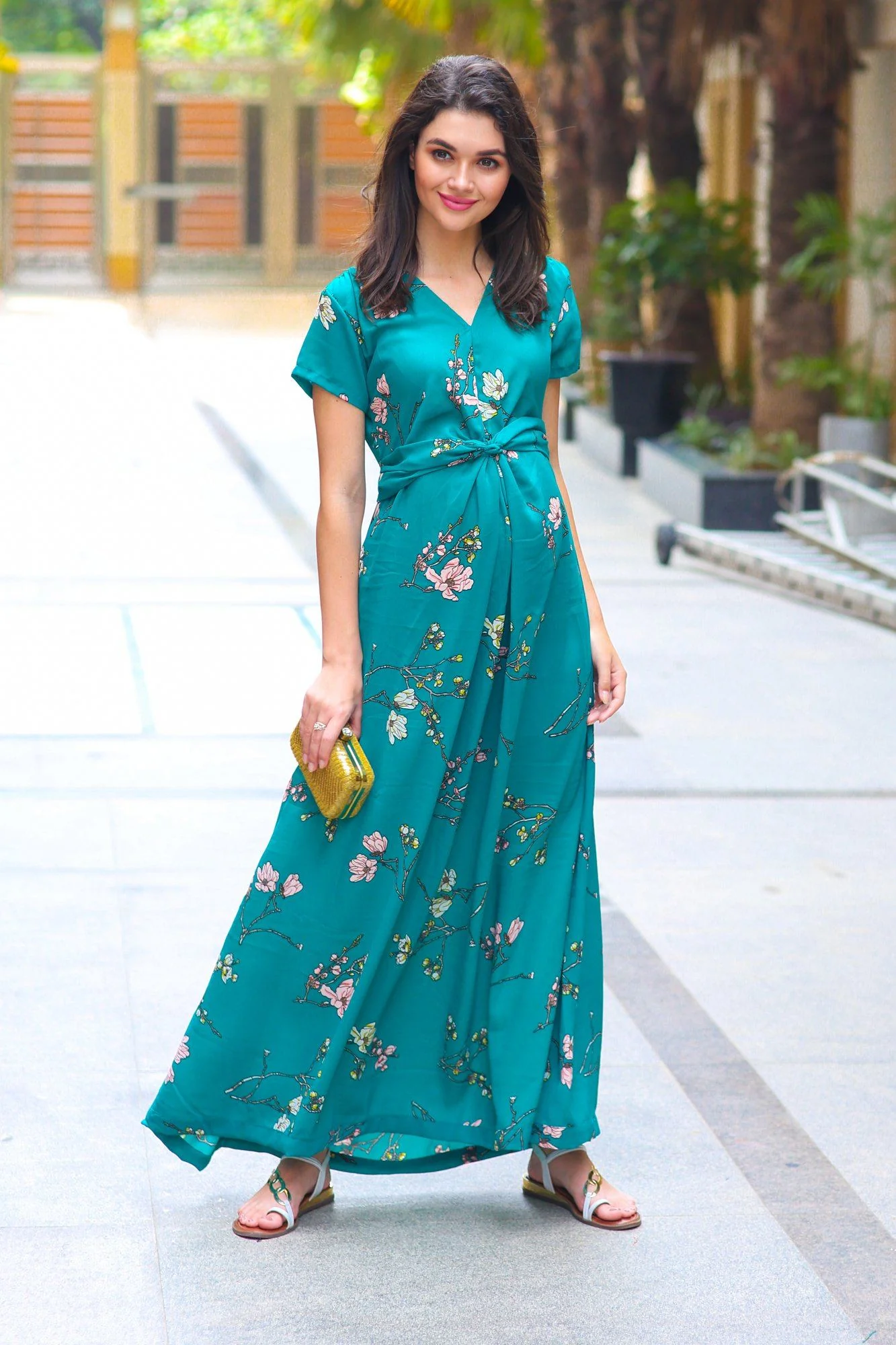 Exquisite Emerald Floral Front Knot Maternity Dress - Chenance