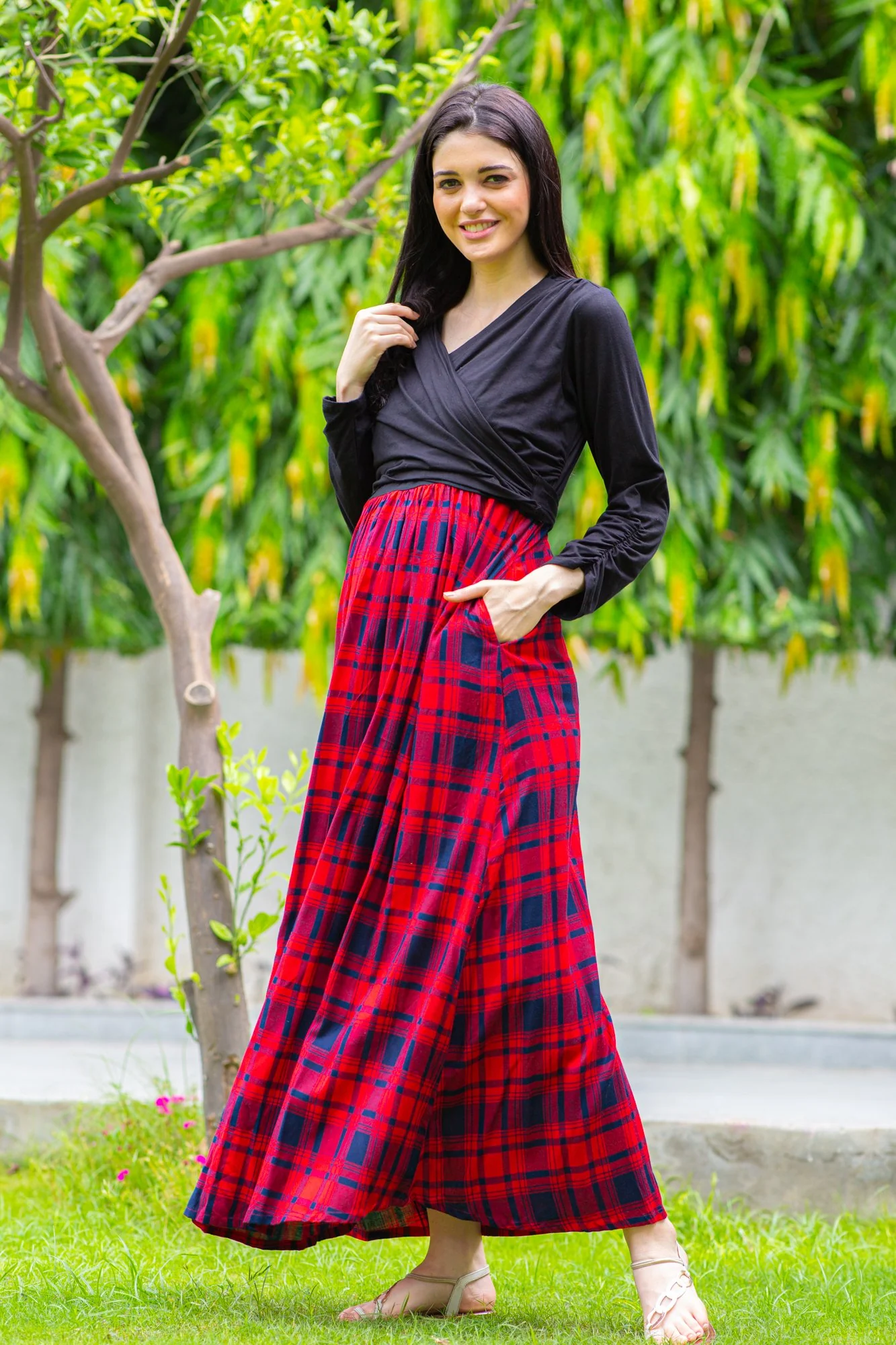 Elegant Red Check Maternity & Nursing Wrap Dress - Chenance