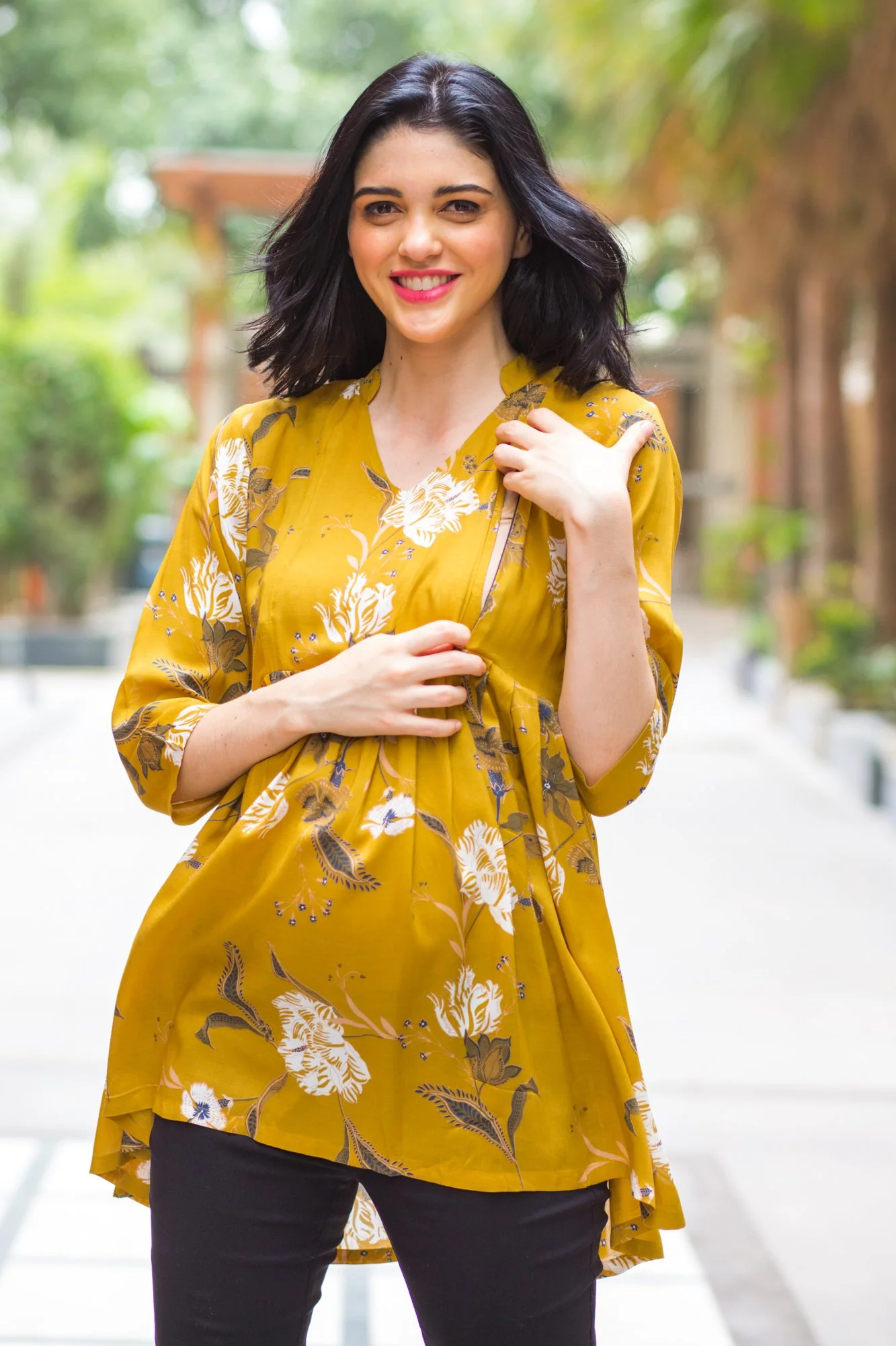 Mustard Yellow Leafy Maternity & Nursing Top - Chenance