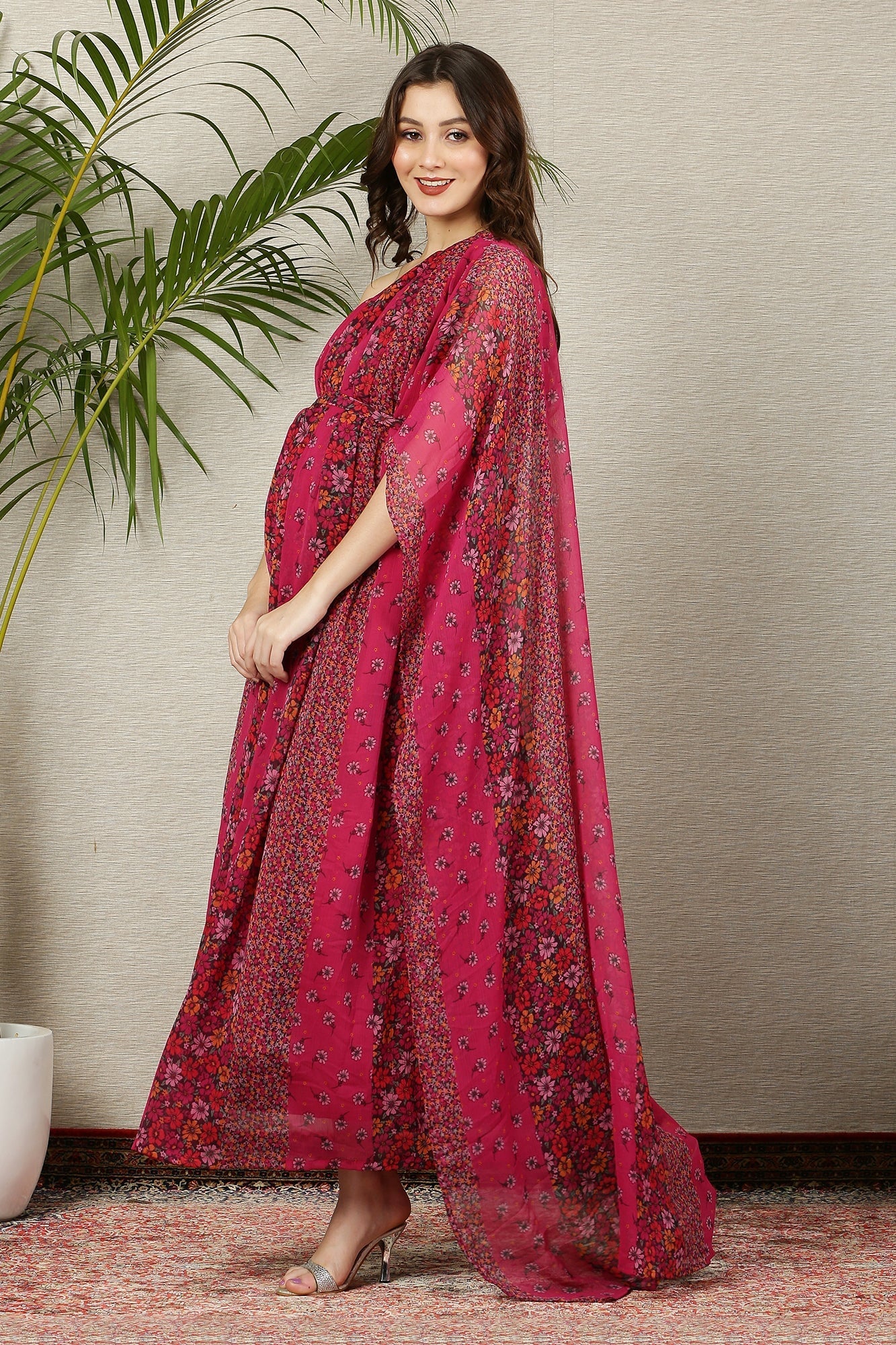 Luxe Fuchsia Blooming Bouquet One Shoulder Maternity & Nursing Gown - Chenance