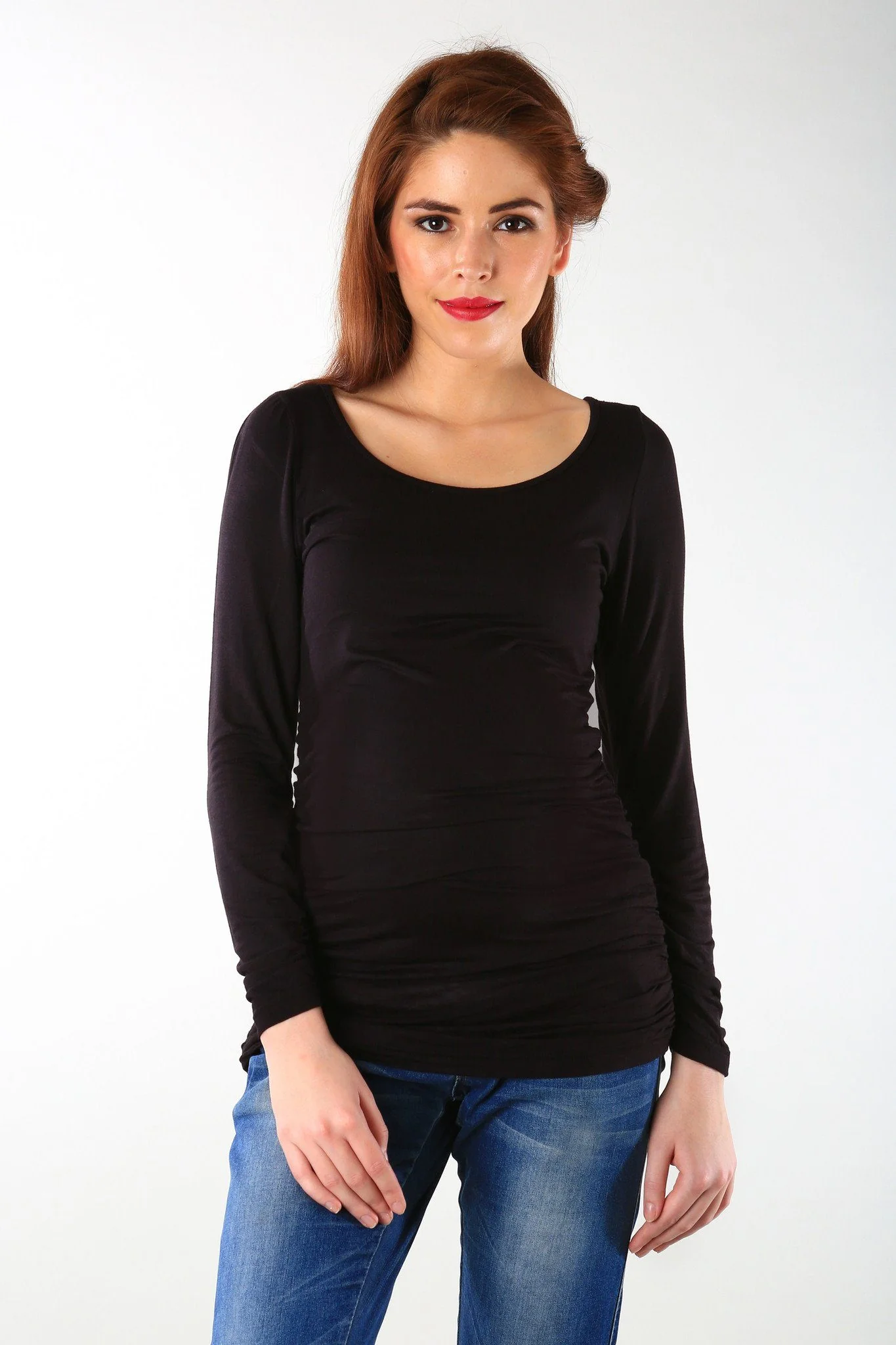 Long Sleeve Gathered Classic Black Maternity Top - Chenance