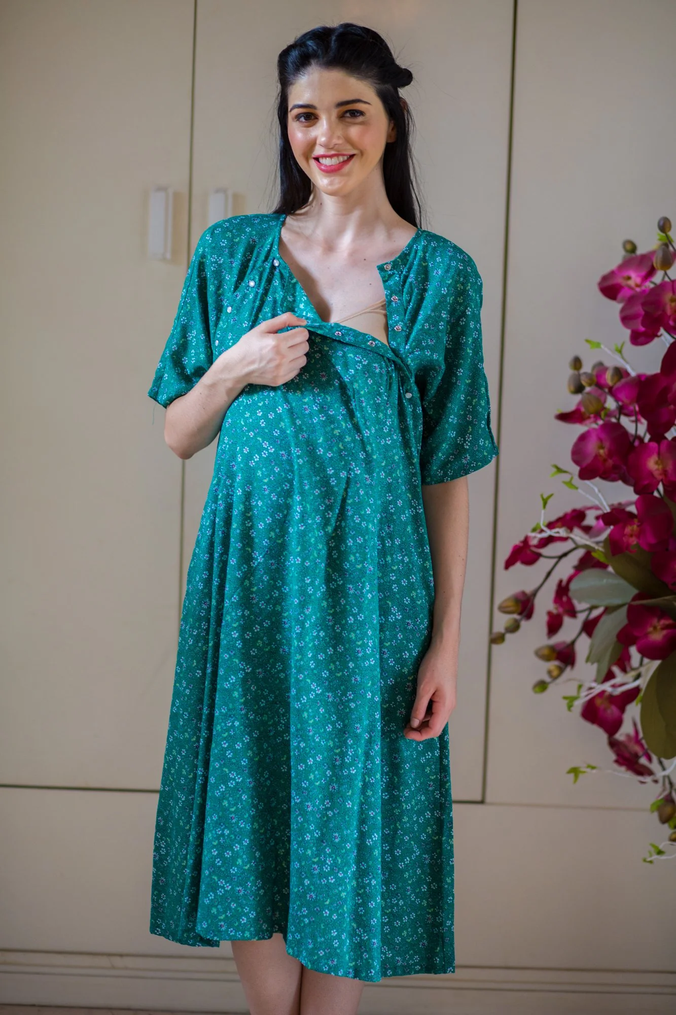 Set of 2 - Emerald Green Shoulder Snap Delivery Gown + Matching Baby Swaddle - Chenance