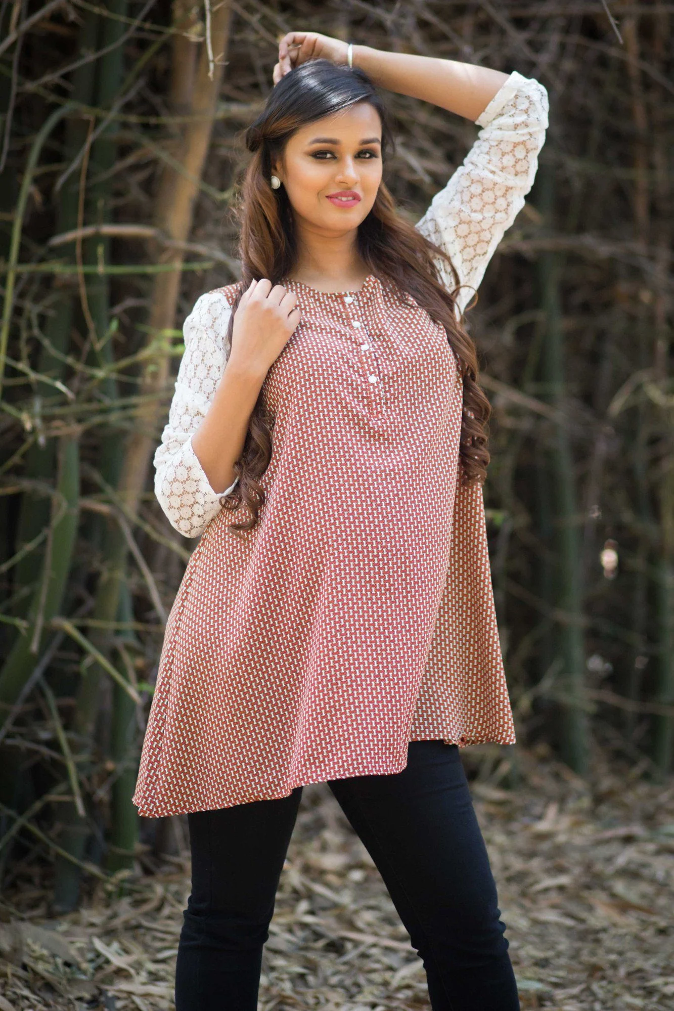 Red Print Net Sleeves Nursing Top - Chenance