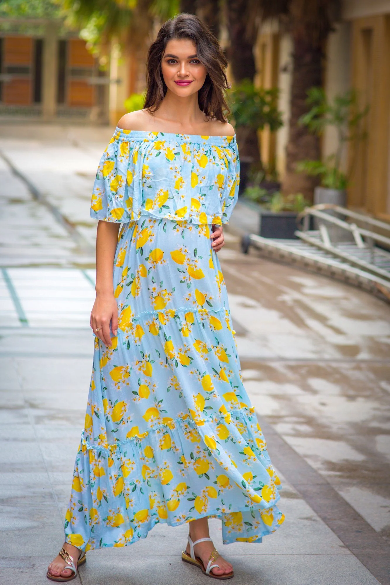 Mint Lemon Off-Shoulder Maternity Maxi Dress - Chenance