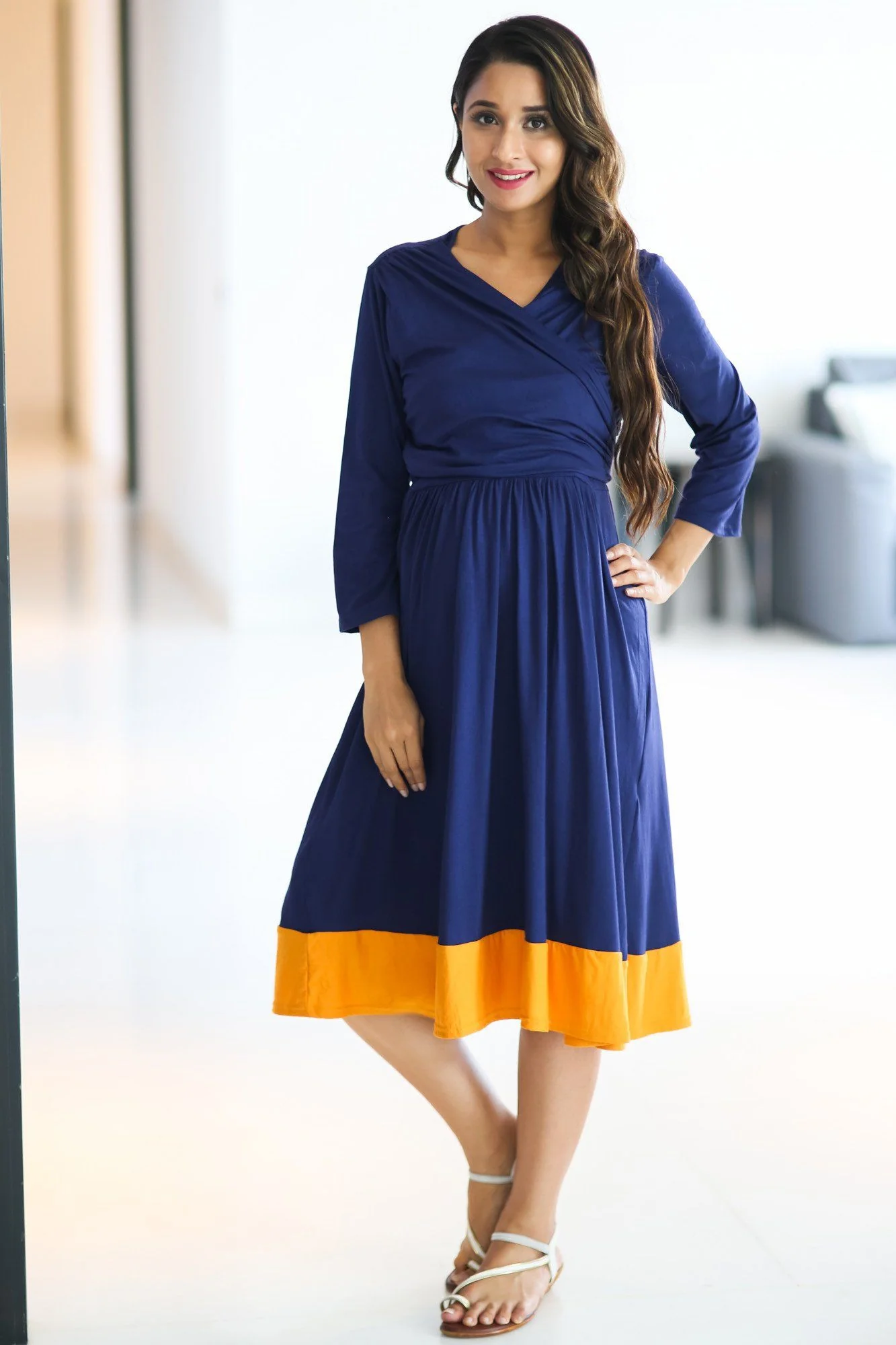 Deep Blue Mustard Wrap Tie Maternity & Nursing Dress - Chenance