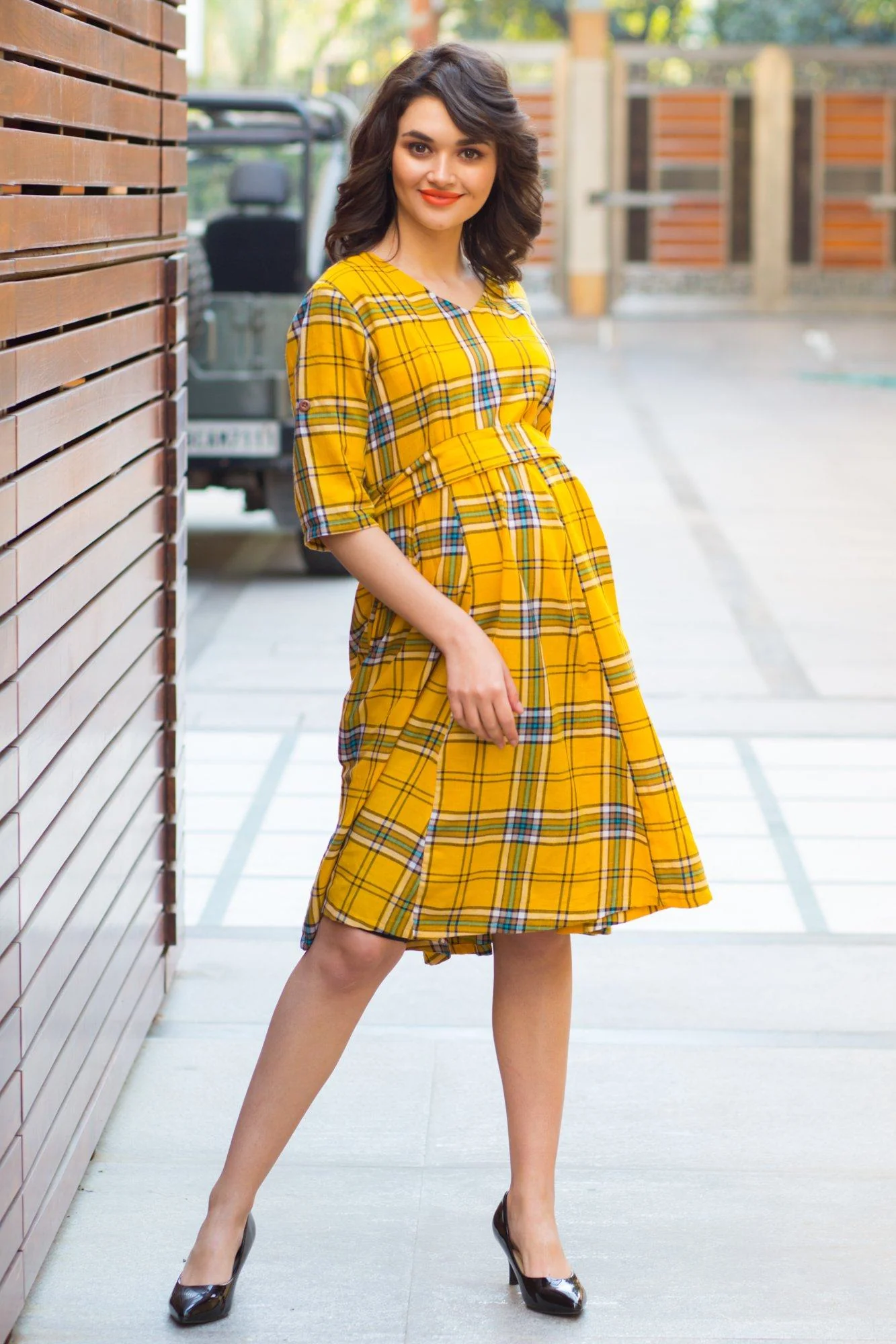 Spring Yellow Cotton Plaid Maternity & Nursing Dress - Chenance