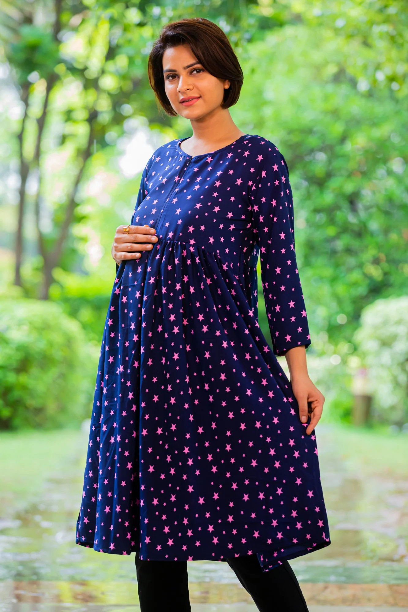 Starry Blue Maternity & Nursing Crepe Swing Dress - Chenance