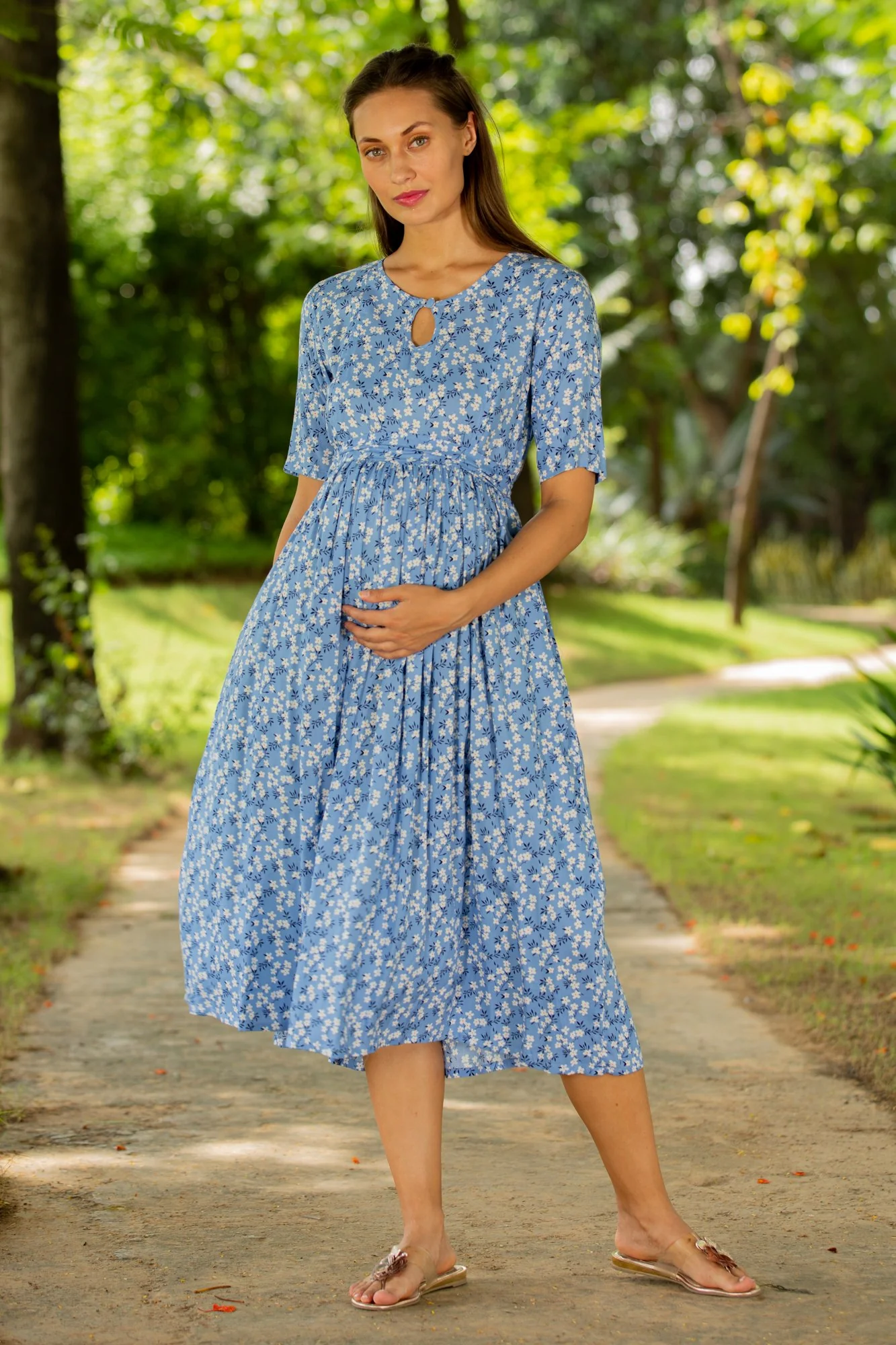 Pastel Blue Concealed Zips Maternity & Nursing Dress - Chenance