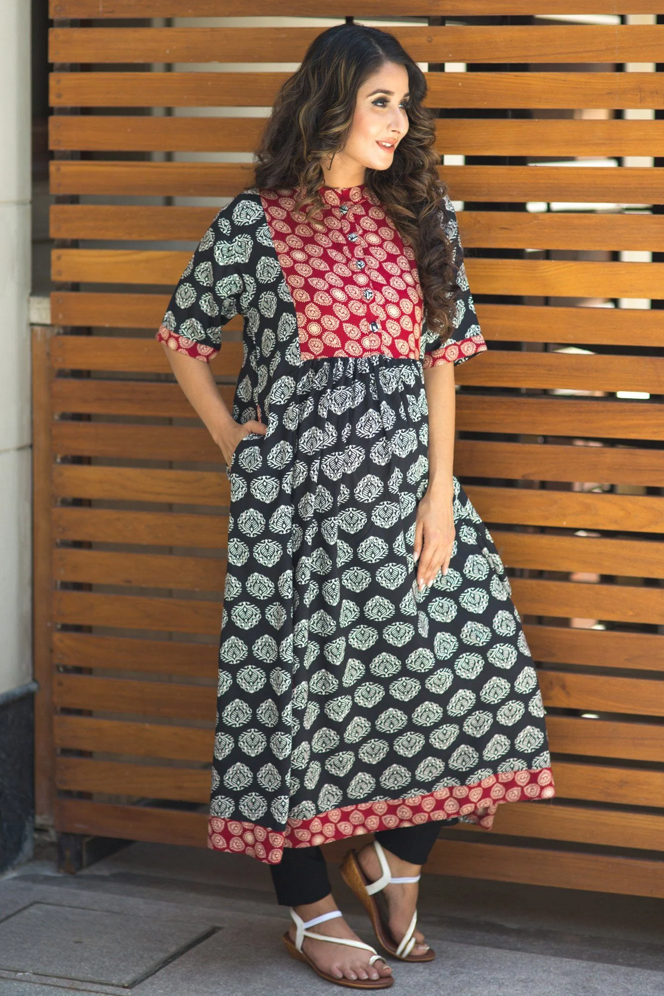 Black Maroon Hand Block Printed Nursing Kurta - Chenance