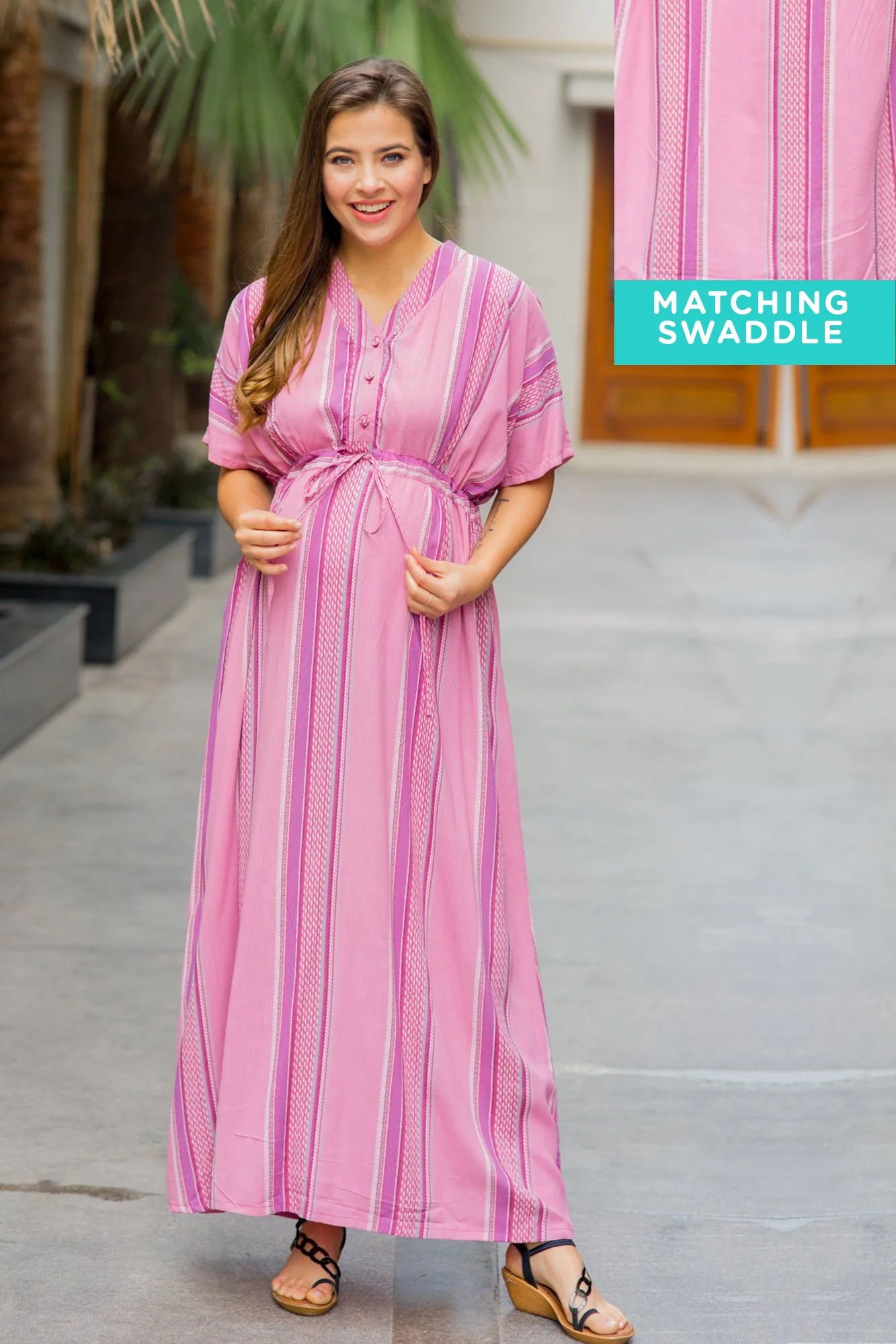 Set of 2 - Kimono Carnation Stripe Delivery Gown + Matching Baby Swaddle - Chenance