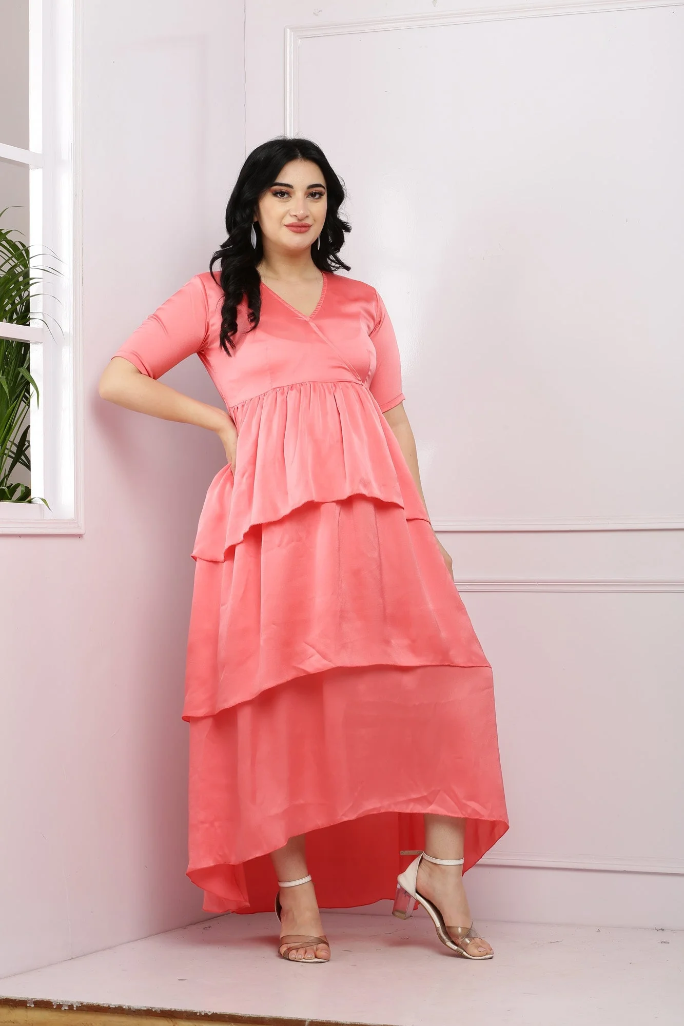 Victoria Peach Wrap Maternity & Nursing Satin Layered Dress - Chenance