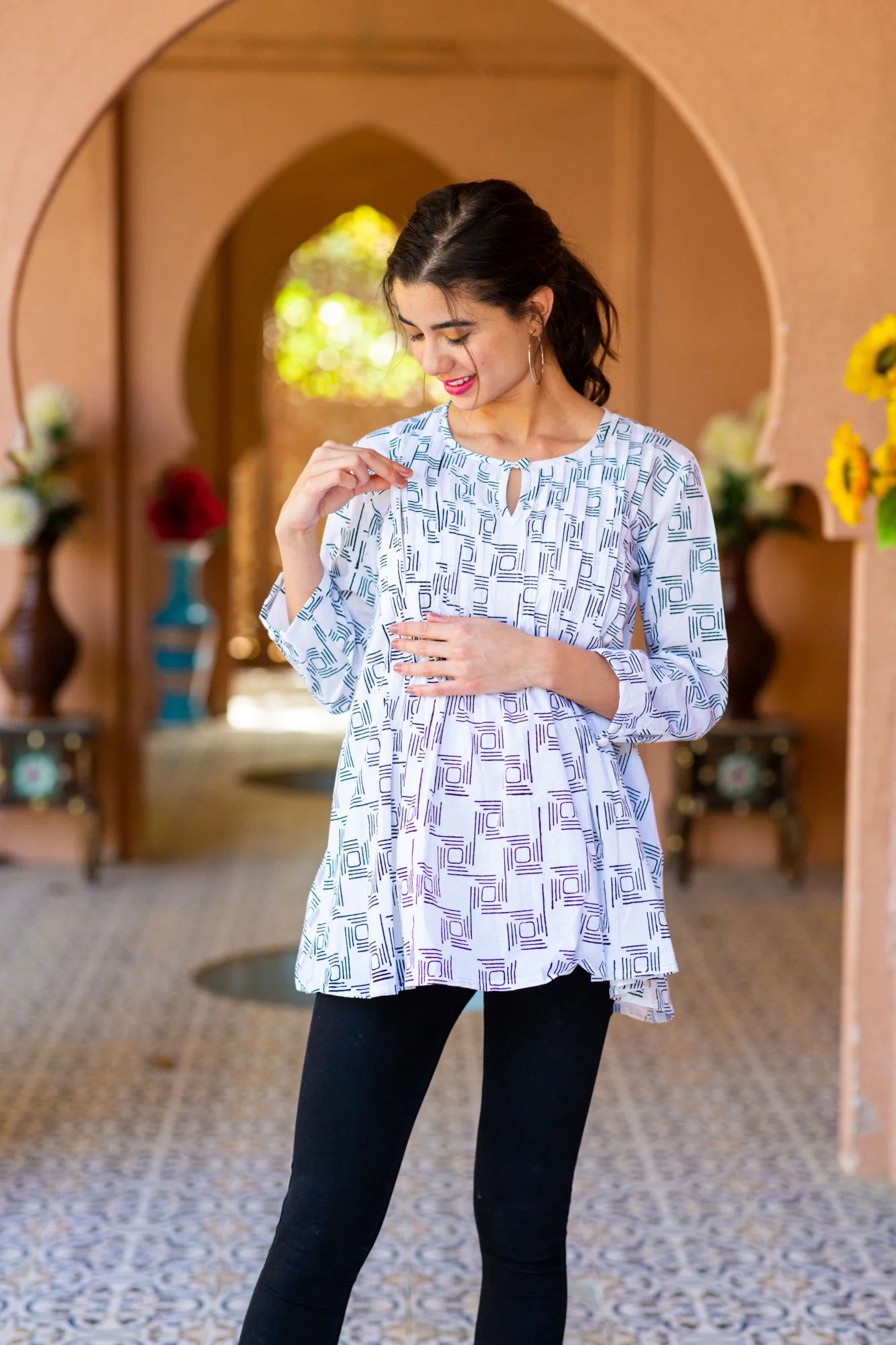 White Cotton Diamond Box Pintucks Maternity & Nursing Top - Chenance