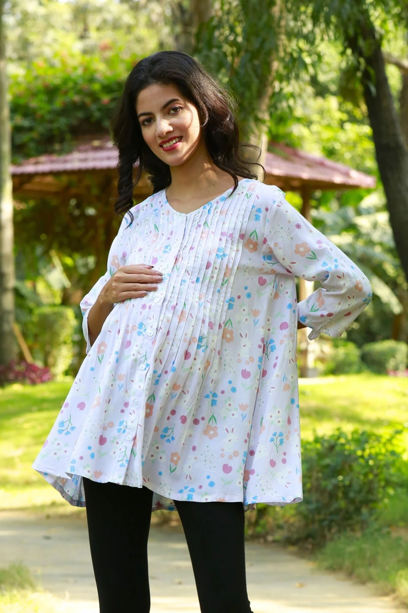 Berry Ivory Floral Maternity & Nursing Pintucks Top - Chenance