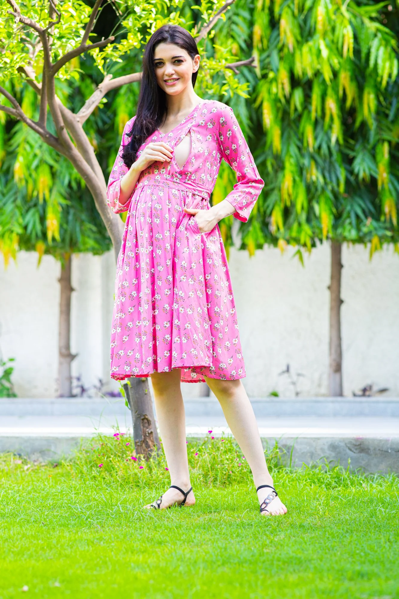 Pink Concealed Zips Maternity and Nursing Dress - Chenance