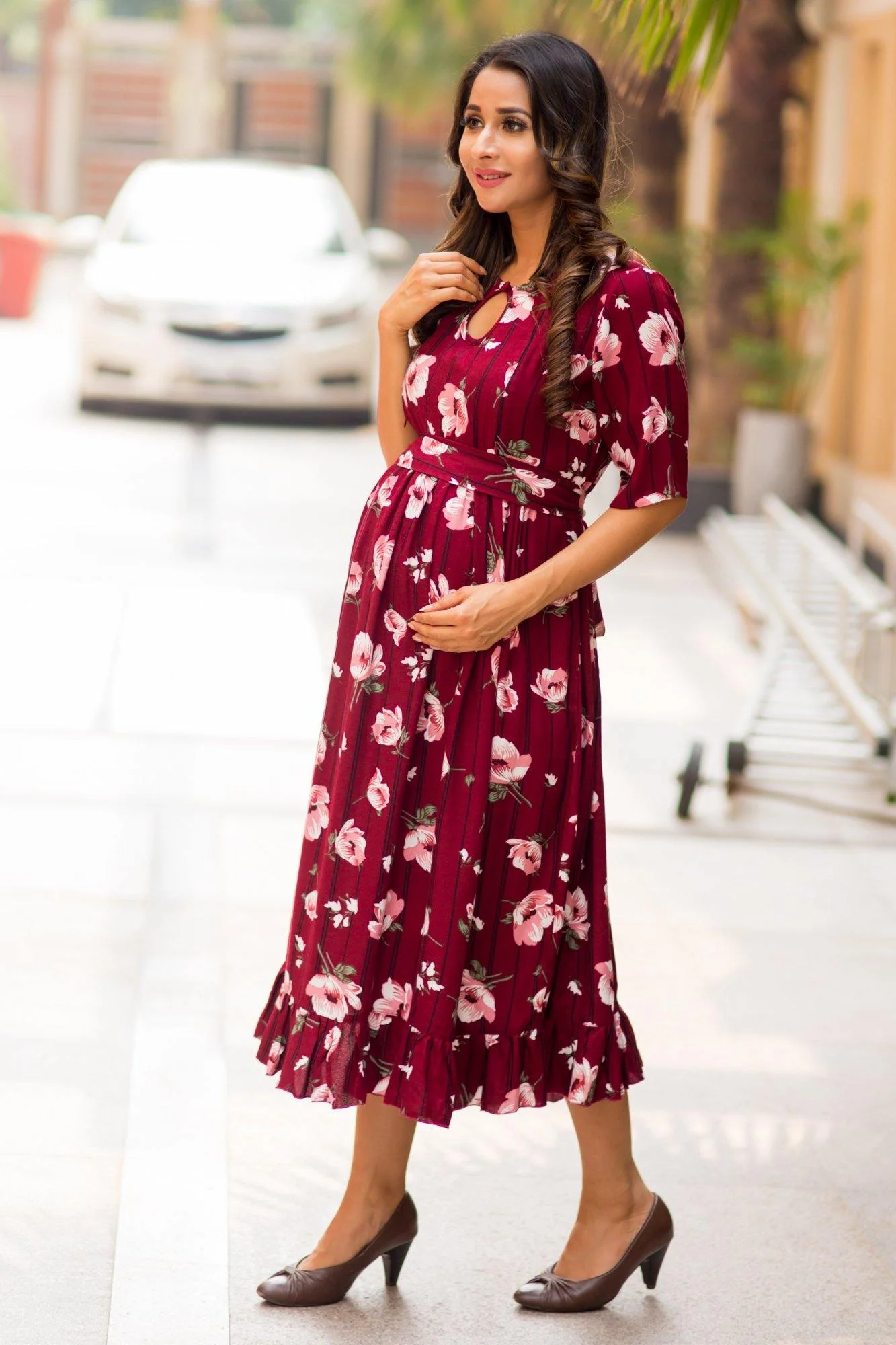 Burgandy Floral Striped Frill Concealed Zips Maternity & Nursing Dress - Chenance