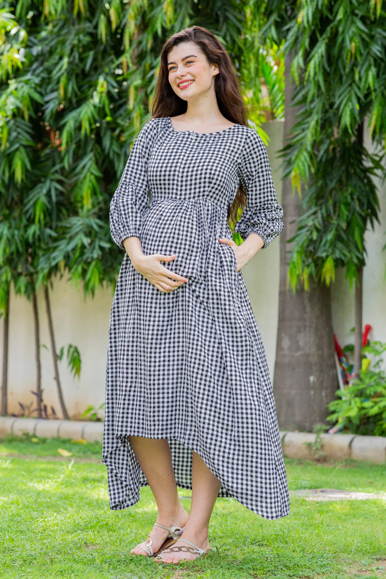 Plaid Dual Bow High-Low Maternity & Nursing Dress - Chenance