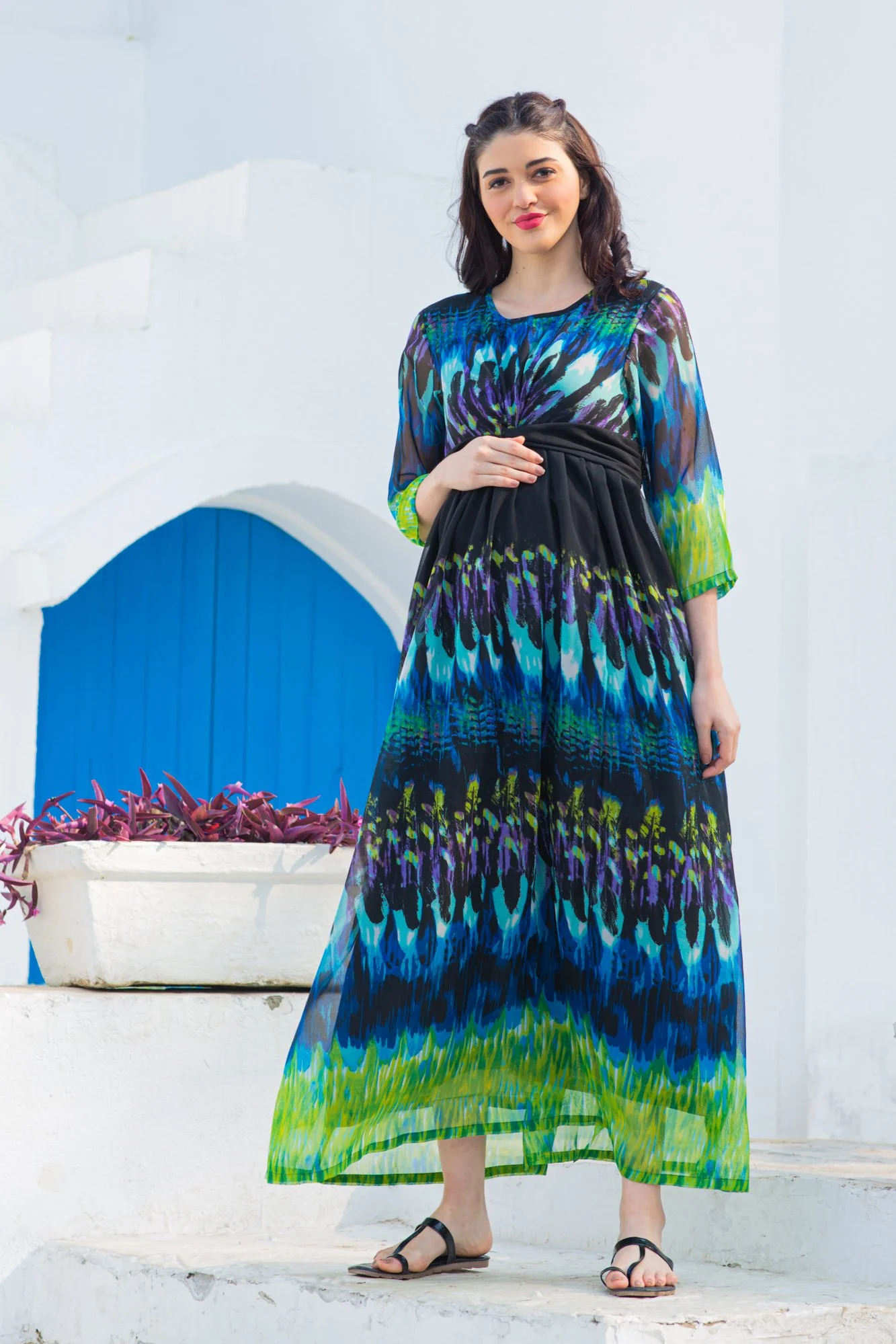 Aquamarine Splash Maternity Knot Dress - Chenance