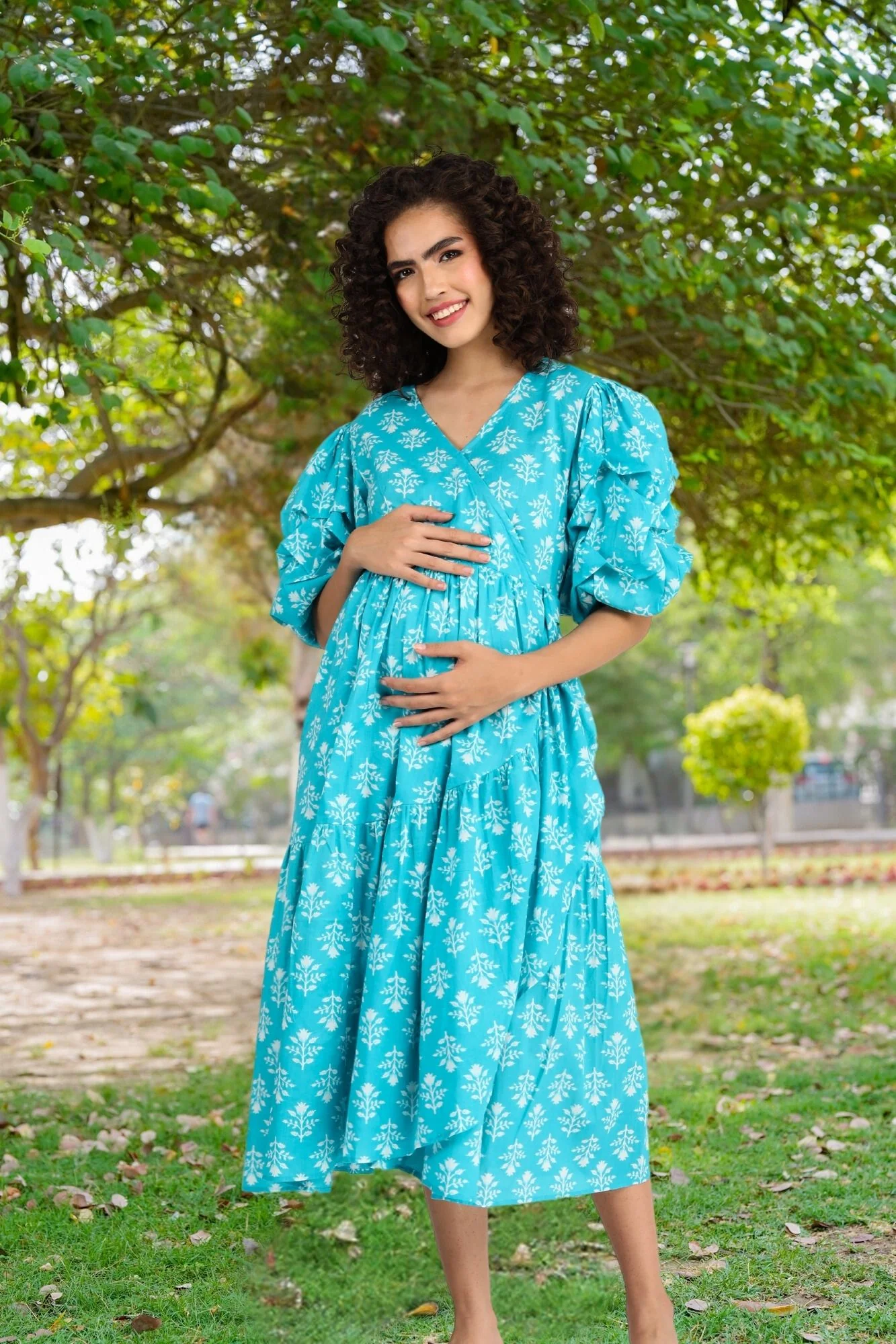 Love Iris Blue Maternity & Nursing Frill Wrap Dress (100% Cotton) - Chenance