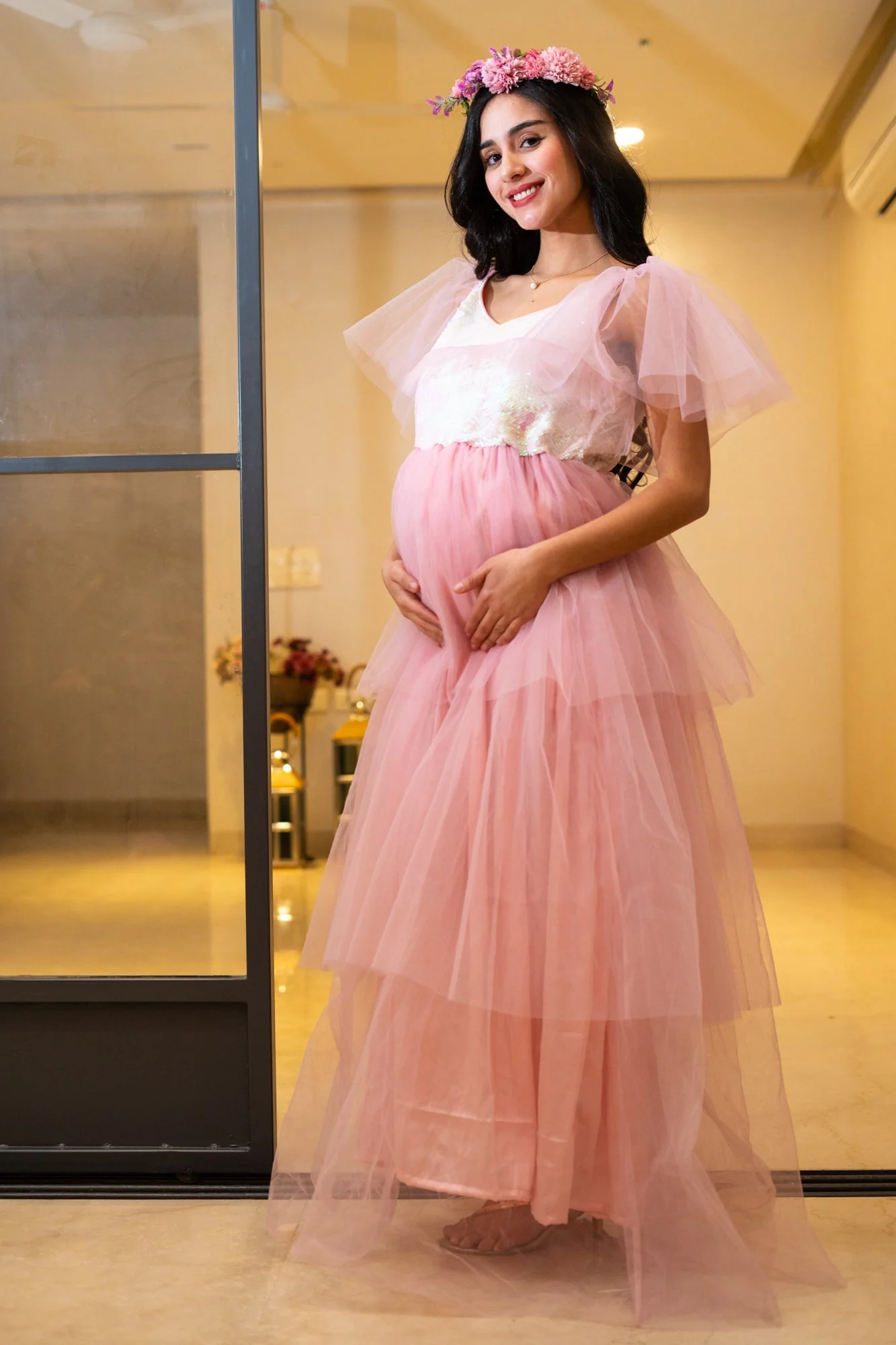 Alluring Blush Pink Maternity Sequence Layered Dress - Chenance