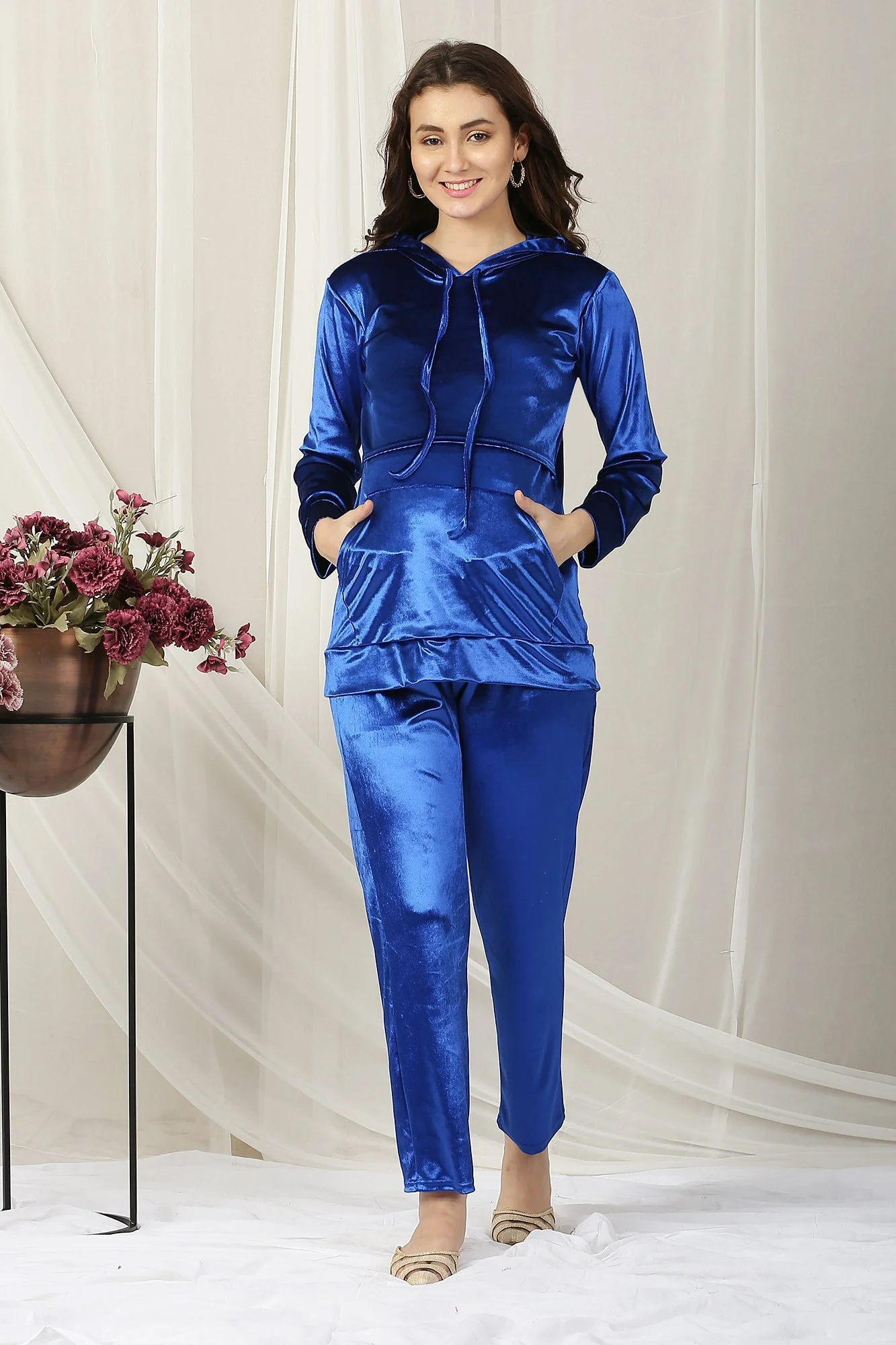 Lapis Blue Hoodie Maternity Velvet Coord Set (Set Of 2) - Chenance