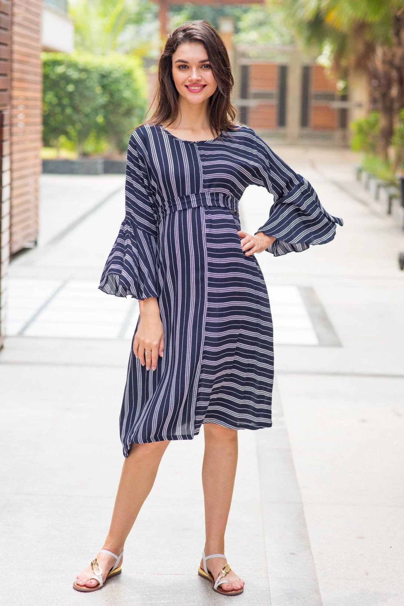 Bell Sleeves Striped Maternity & Nursing Dress - Chenance