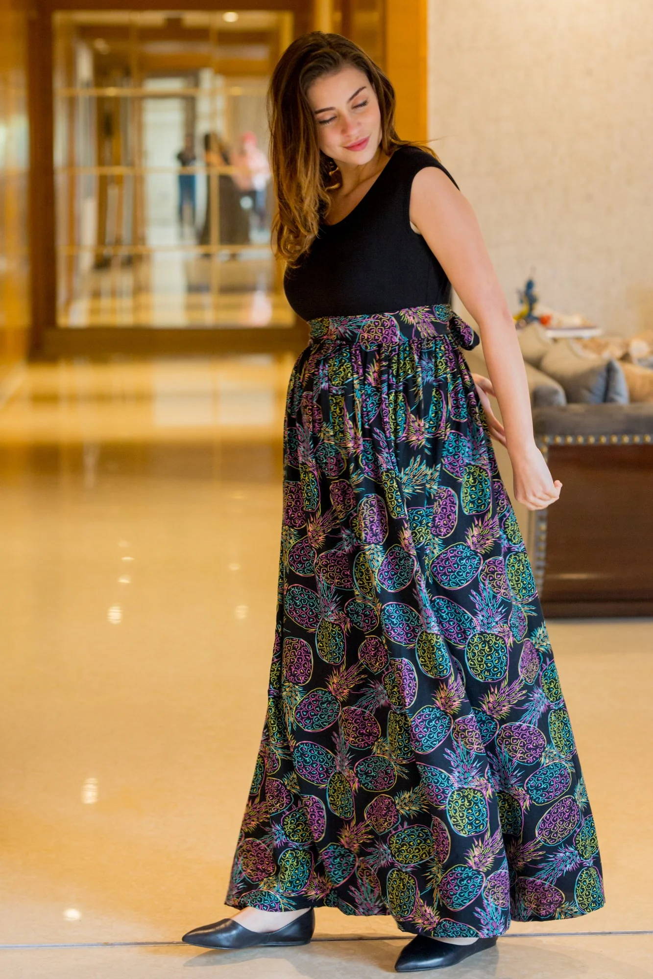 Pineapple Neon Print Gathered Maternity Dress - Chenance