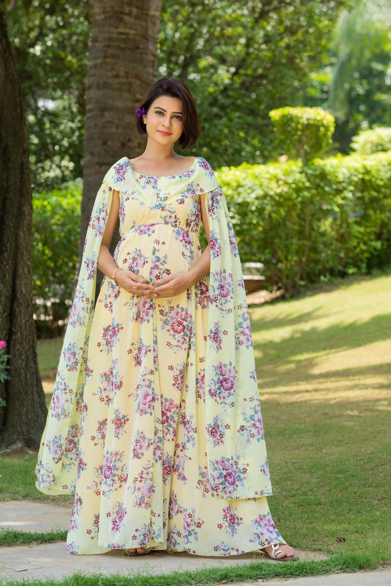 Canary Floral Flying Sleeves Maternity & Nursing Dress - Chenance