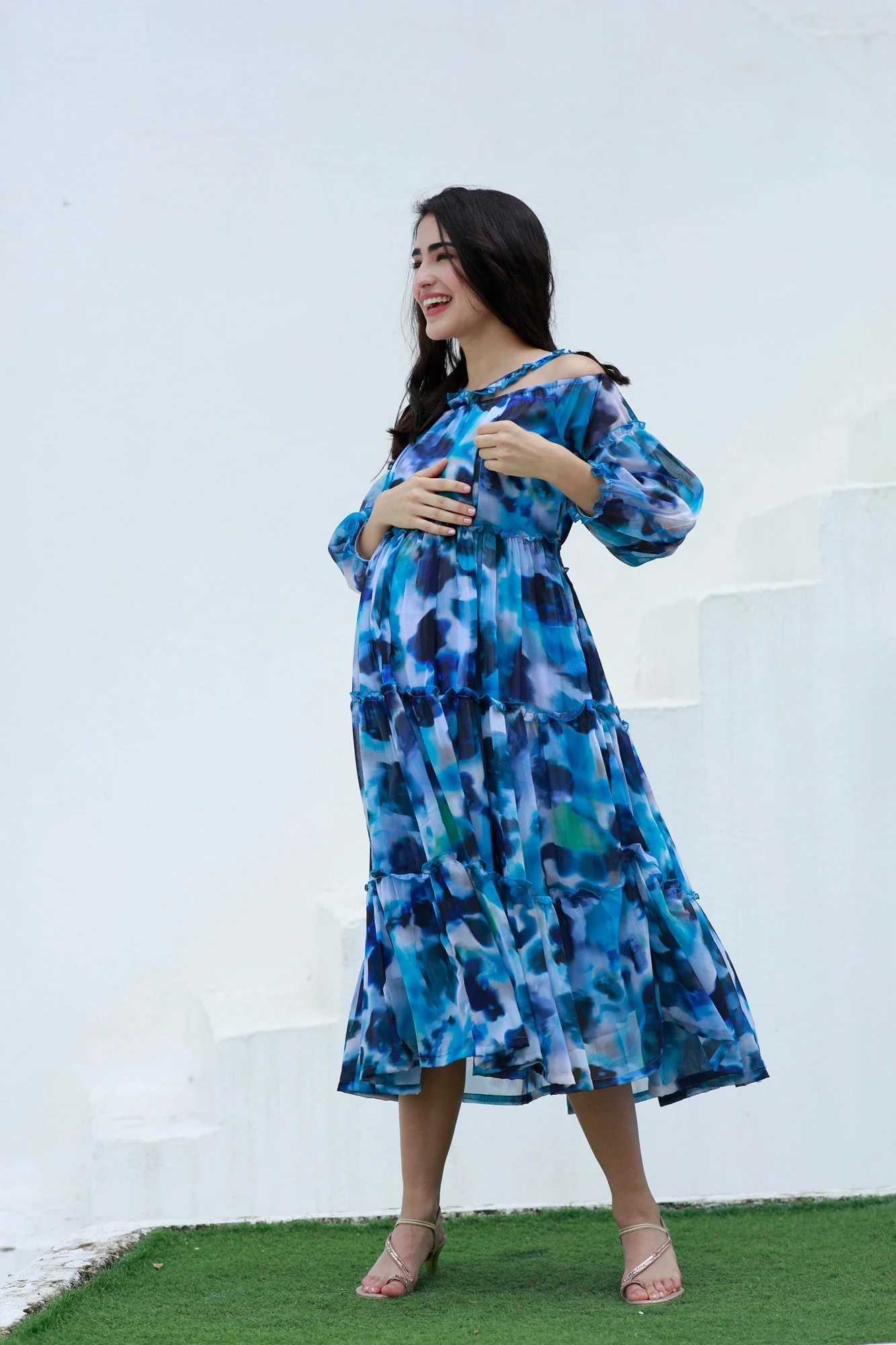 Paradise Blue Waves Halter Maternity & Nursing Frill Dress - Chenance