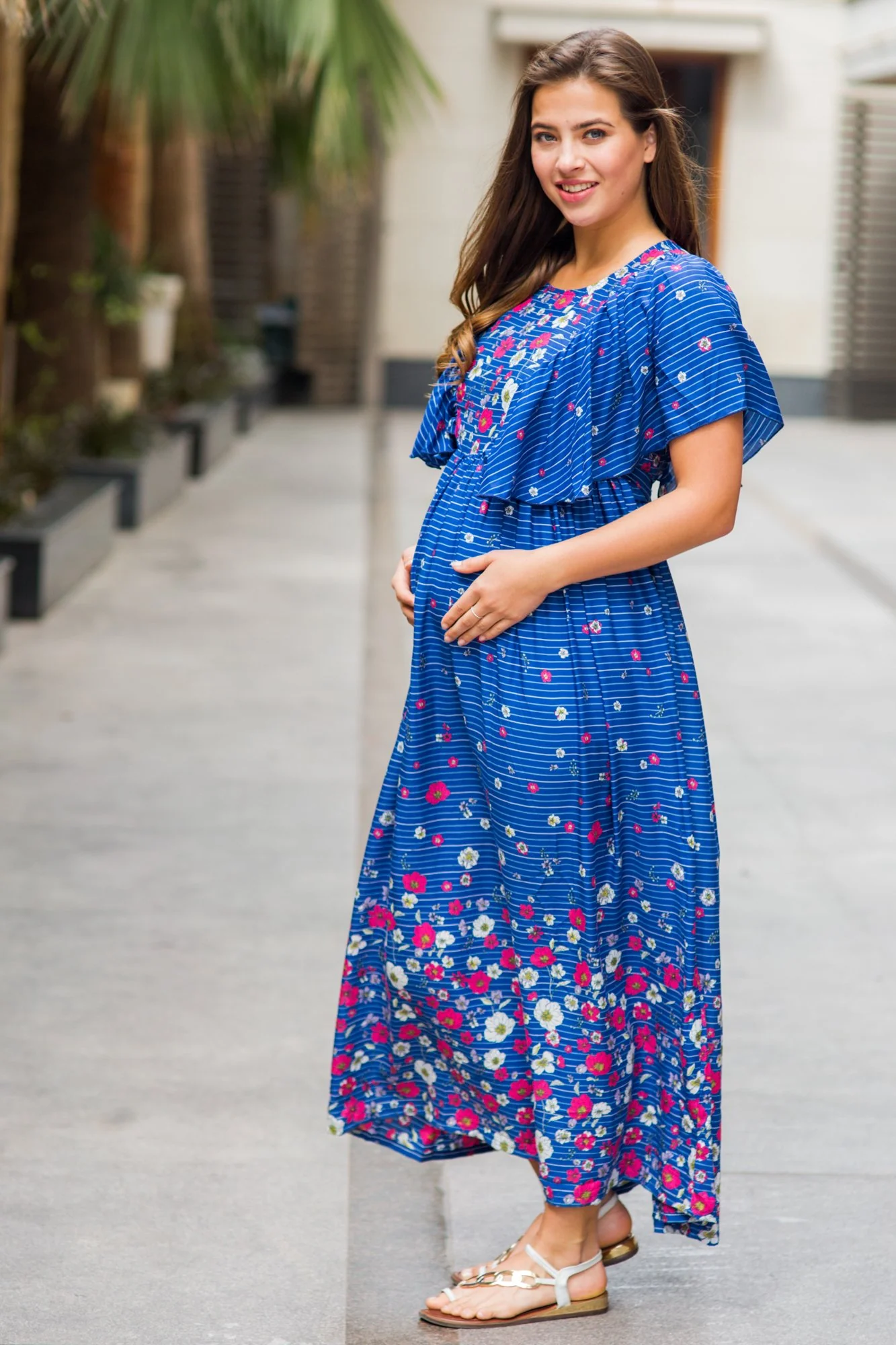 Celeste Blue Floral Maternity & Nursing Flap Dress - Chenance