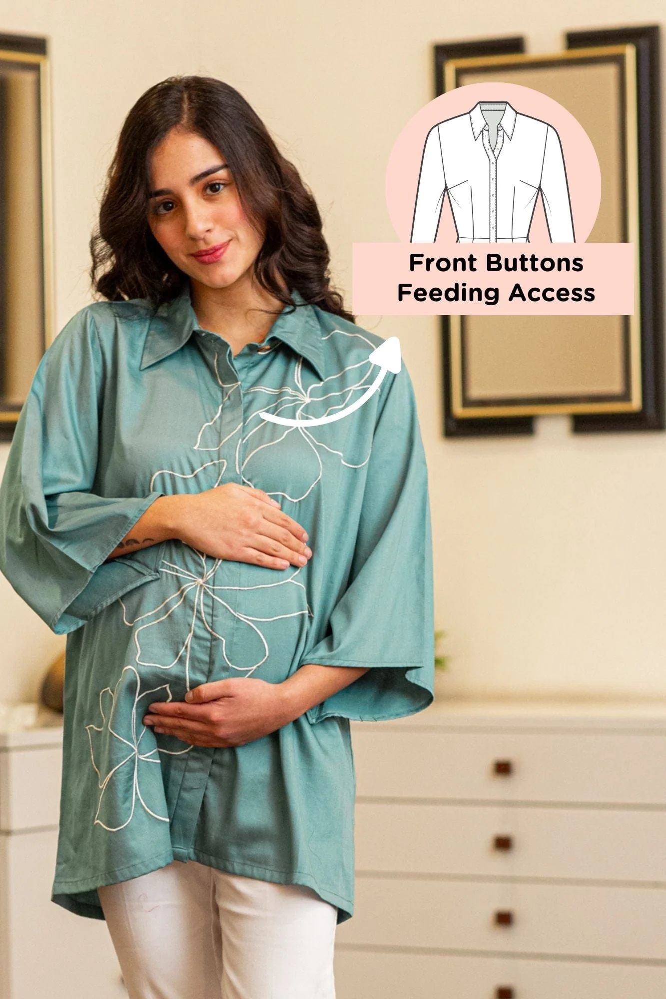 Premium Dusty Cyan Green Embroidered Maternity & Nursing Shirt - Chenance
