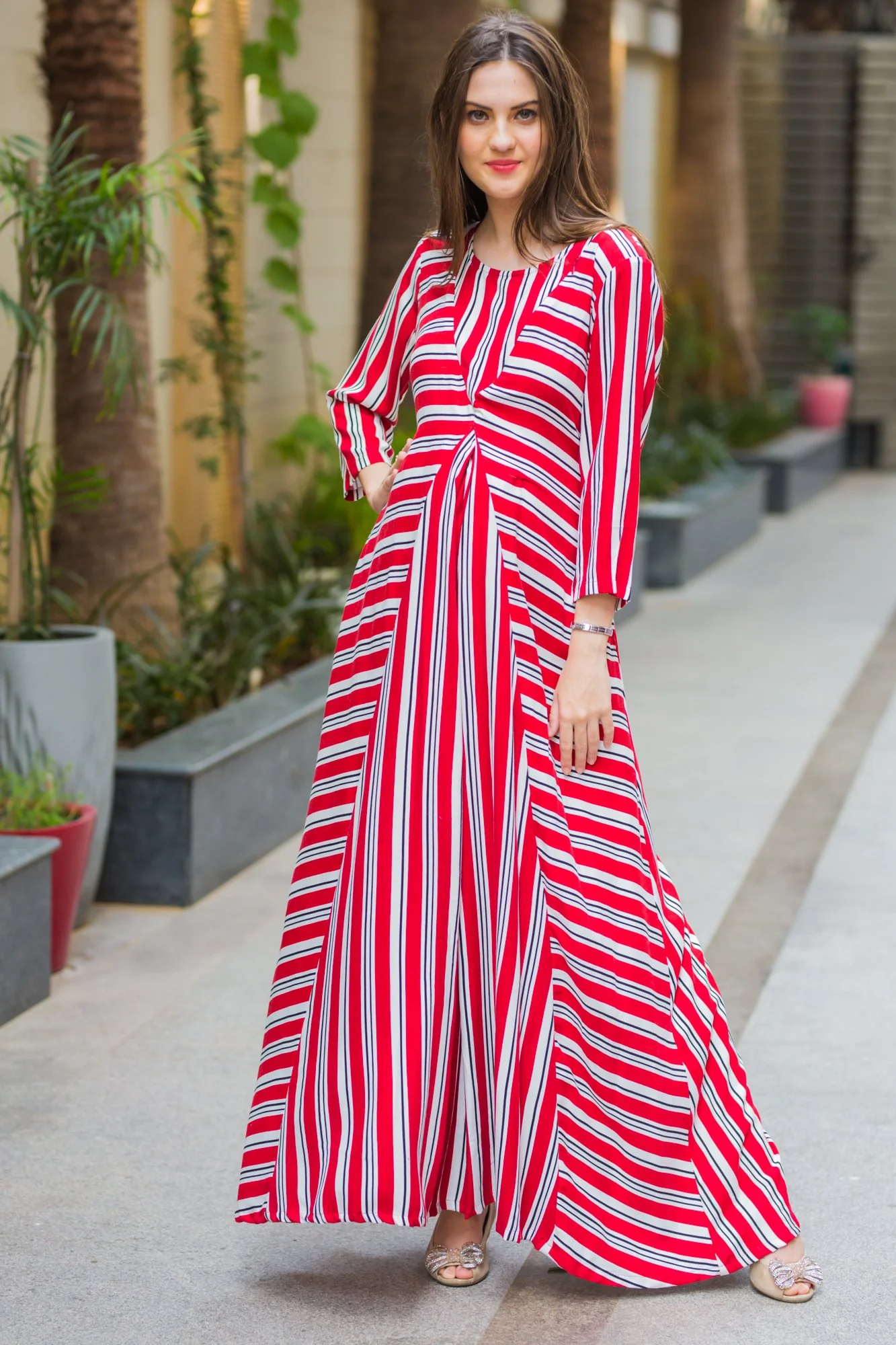 Crimson Striped Maternity and Nursing Maxi Dress - Chenance