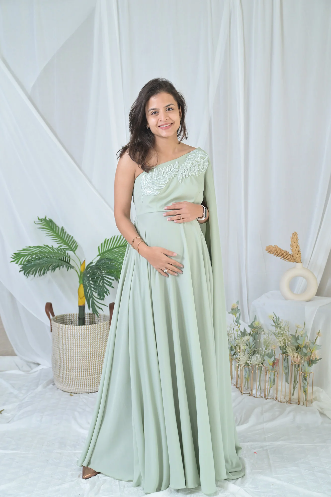 Luxe Sage Green Embroidered Maternity Satin Gown - Chenance