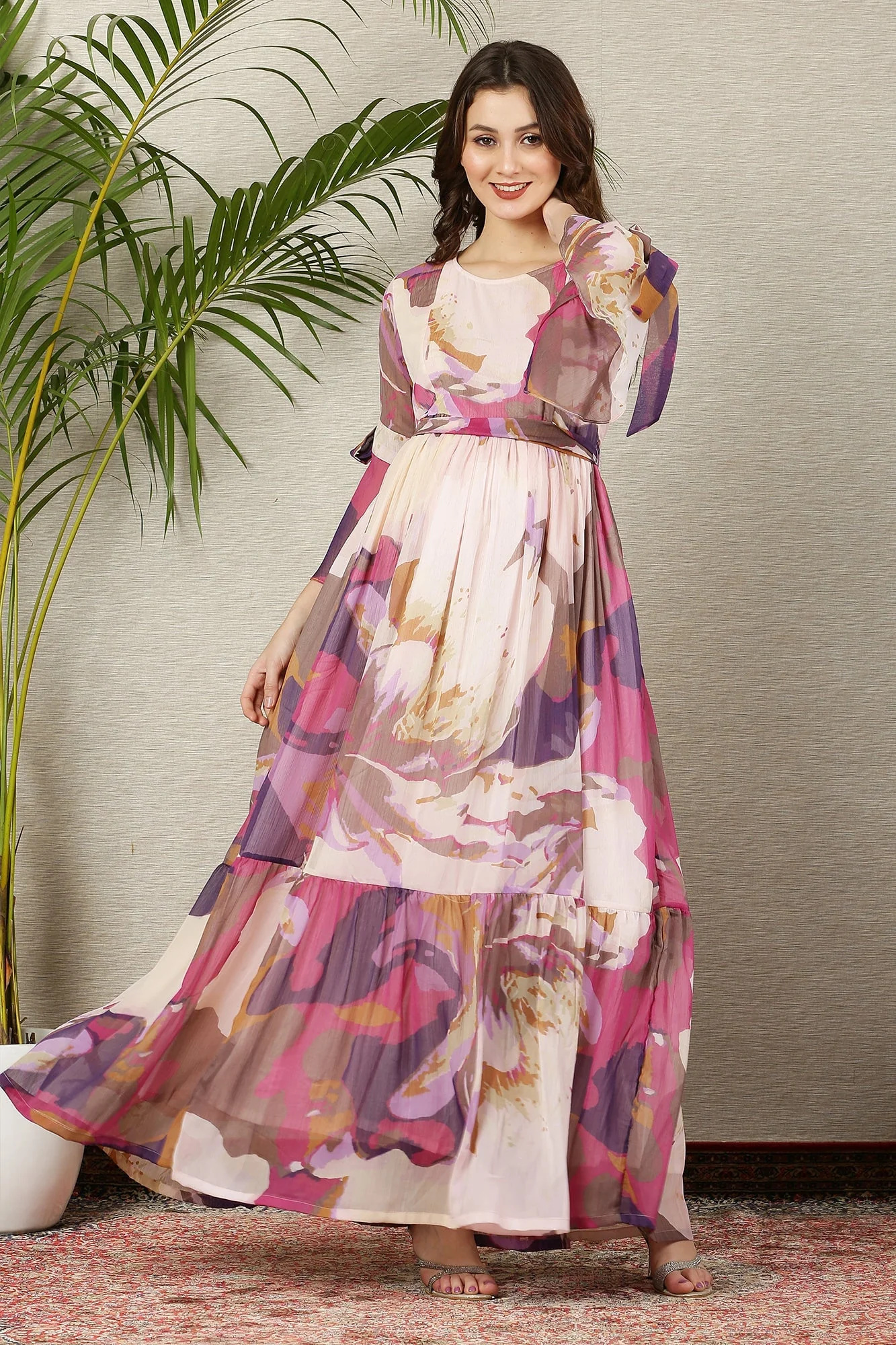 White Cascading Dusty Pinkish Maternity & Nursing Frill Dress - Chenance