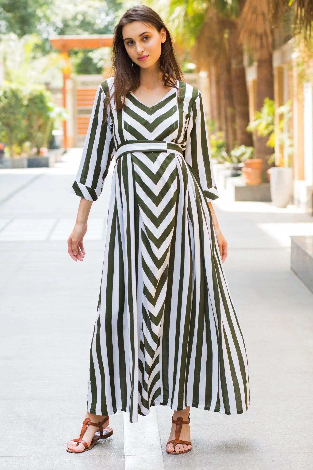 Olive Striped Maternity & Nursing Dress - Chenance