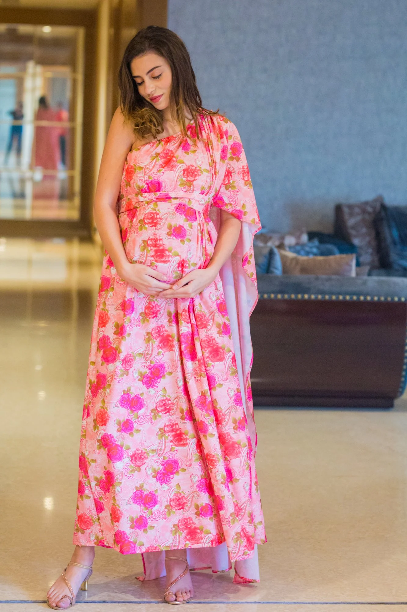 Botanical Rose One Shoulder Floral Maternity Gown - Chenance